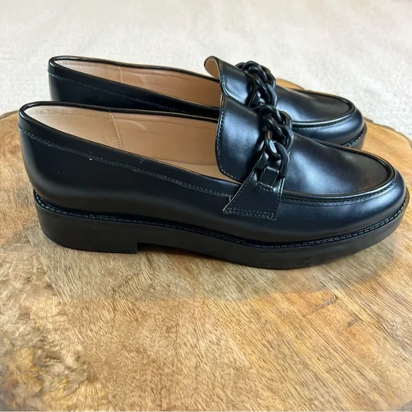 Marc Fisher Black Leather Loafers Lug with Chain Detail Slip On Festival - Picture 3 of 15